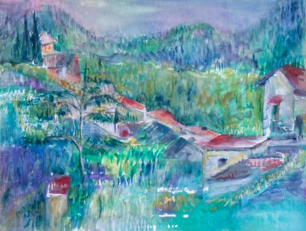 Italian Village, mixed water media on paper, 22"H x 30"W