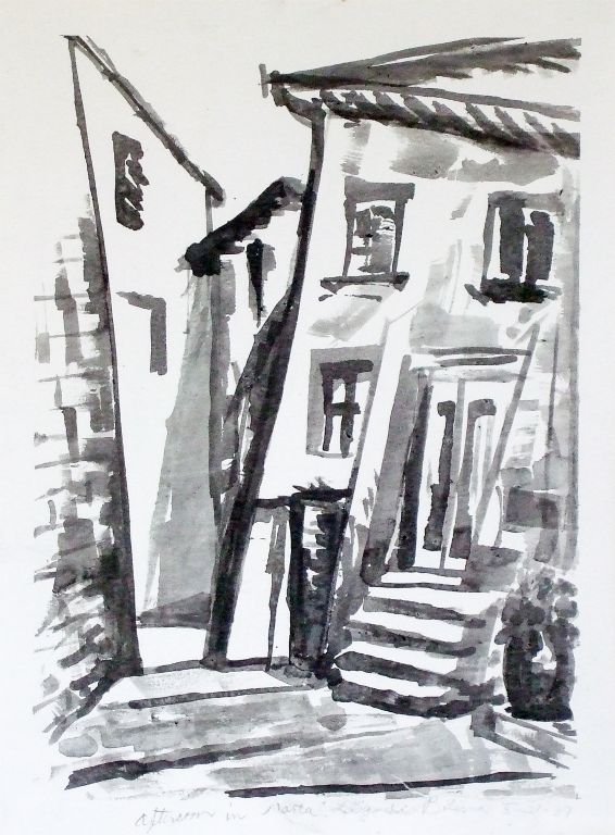 Italian Street No. 1, iIndia ink wash on paper, 15"H x 11"W