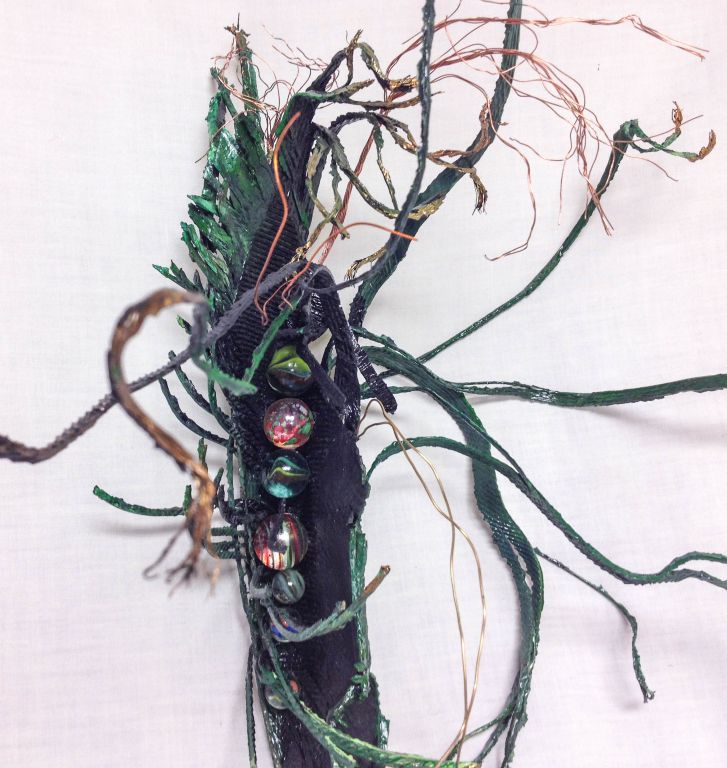 Pod Sculpture detail, tire piece, wire, acrylic, glass beads,, 23"L x 18"W x 14"H